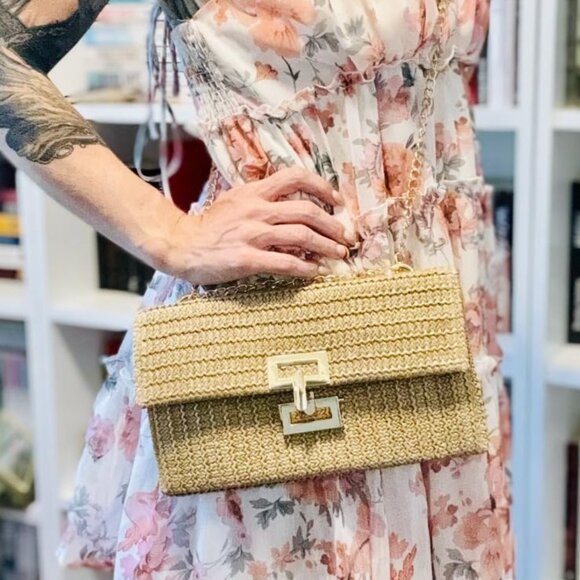 Neiman Marcus Woven Khaki Straw Clutch Crossbody Bag - Picture 2 of 5